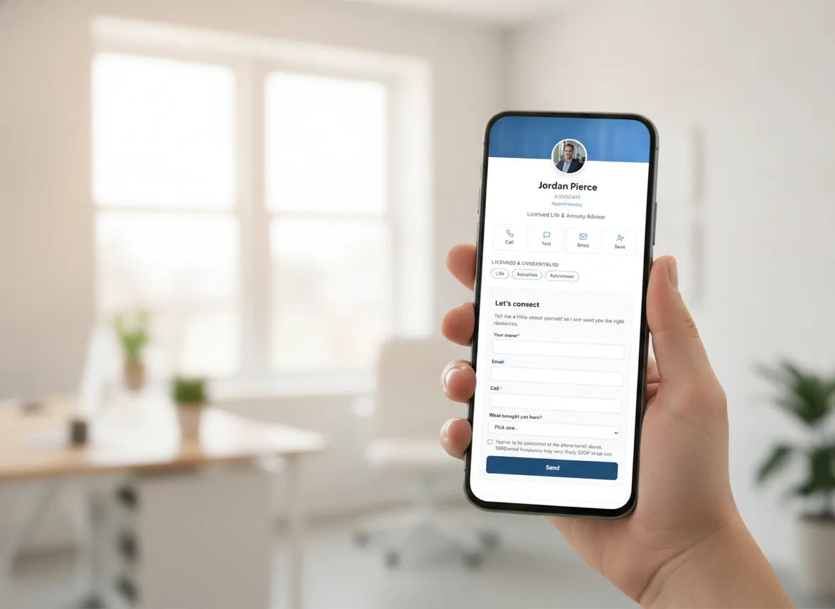 A hand holding a phone showing an AgentFoundry digital business card
